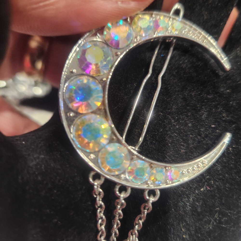 Celestial Silver Crescent Moon Hair Clip Iridescent‎ Rhinestones Star Chain Drop